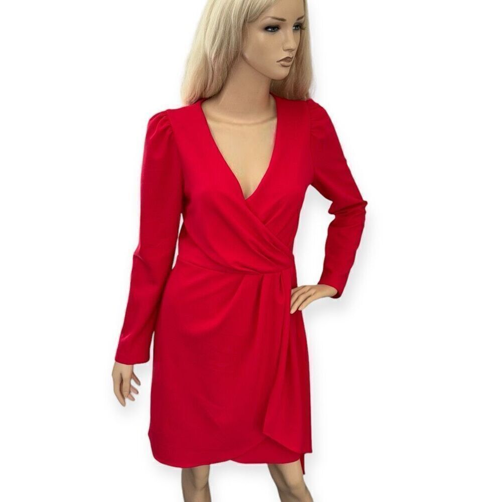 JULIA JORDAN Pleated Faux-Wrap Long-Sleeve Dress in Cherry Size 4 - Picture 4 of 17